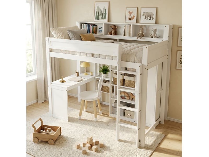  Lit superposé enfant 90 x 200 cm avec bureau, armoire, rangements et échelle, blanc  - Conforama D
