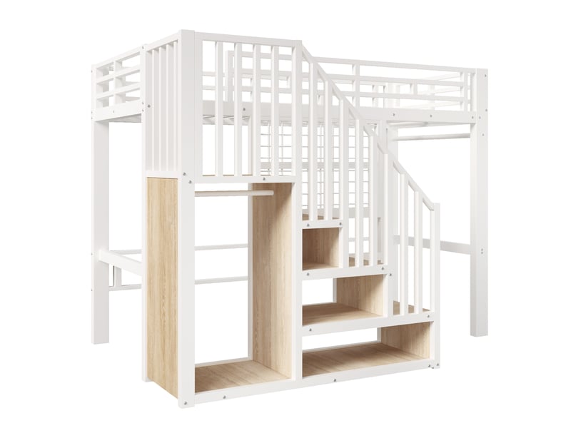 Lit mezzanine 90x200 cm en métal blanc avec escalier rangement, grille et led - Conforama D