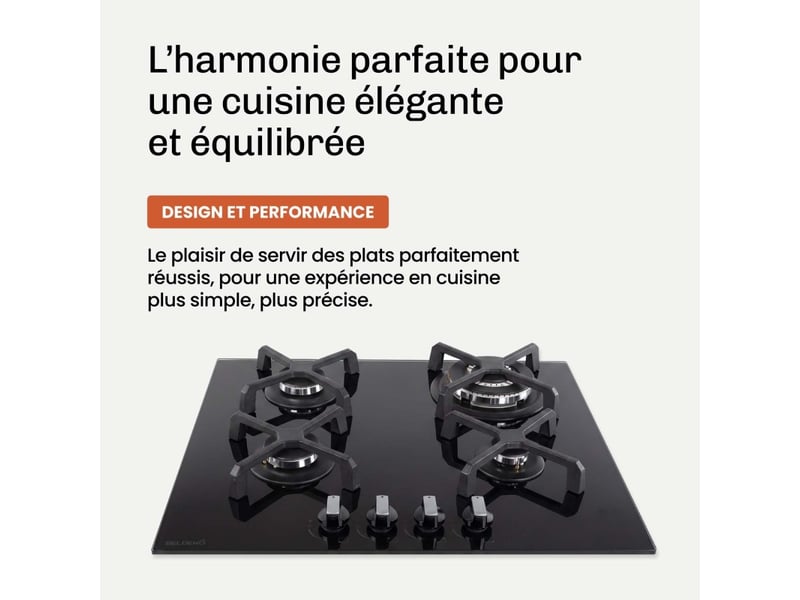  Beldeko - plaque de cuisson gaz verre noir 4 feux - gaz ville et bouteille - grilles en fonte - 8000 watts  - Conforama C