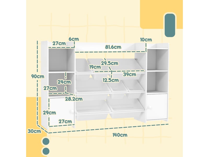  Meuble de rangement pour jouets d'enfants avec 8 bacs et placards amovibles, 140 x 30 x 90 cm, blanc  - Conforama E