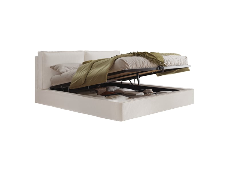 Lit coffre 180 x 200 cm, lit adulte avec rangement, rangement hydraulique, sommier à lattes inclus, tête de lit, tissu, beige Morn Vibe - Conforama A