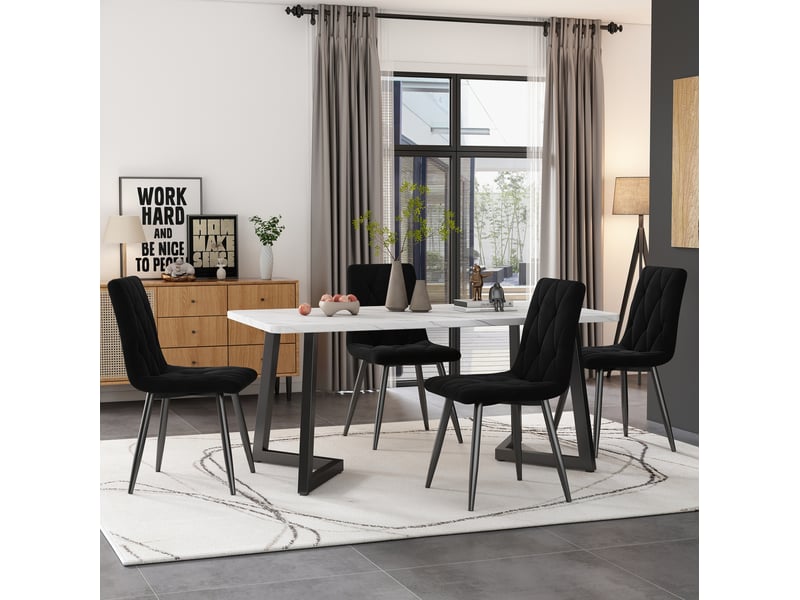  Ensemble table à manger 117x68x75 cm, 4 chaises velours noir, meuble salon, plateau mdf effet marbre, pieds métal noir  - Conforama B