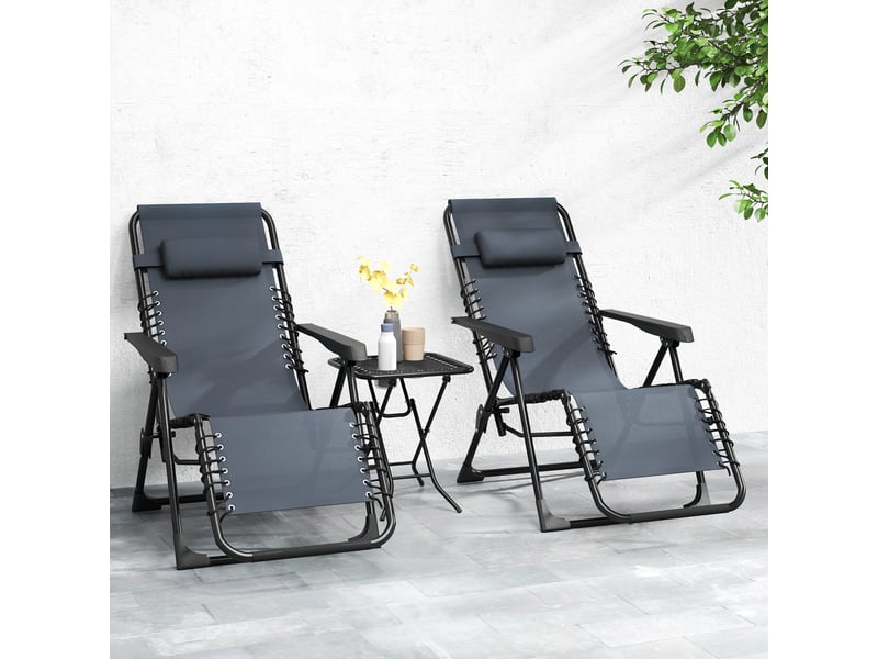  Lot de 2 chaise longue pliable et inclinable avec table d'appoint, porte-gobelets et appuie-têtes, charge 120 kg, gris  - Conforama C