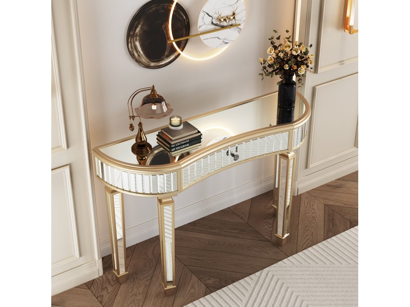  Console demi-lune 120 x 38 x 78 cm – doré et argenté – miroir, tiroir et poignée effet cristal chic  - Conforama E