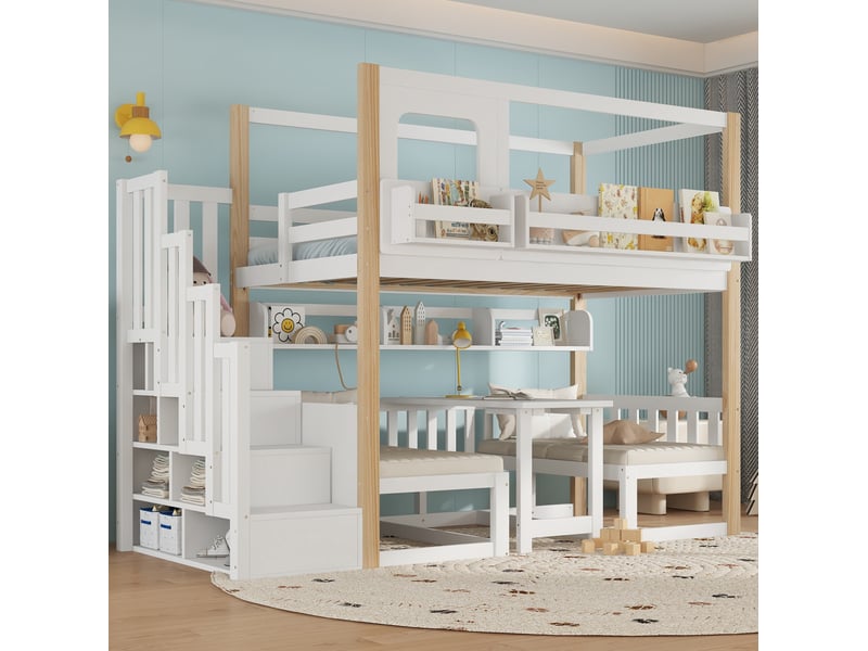  Lit superposé 90x200 cm avec table rabattable, escalier de rangement et garde-corps, mdf, blanc naturel, sans matelas  - Conforama D