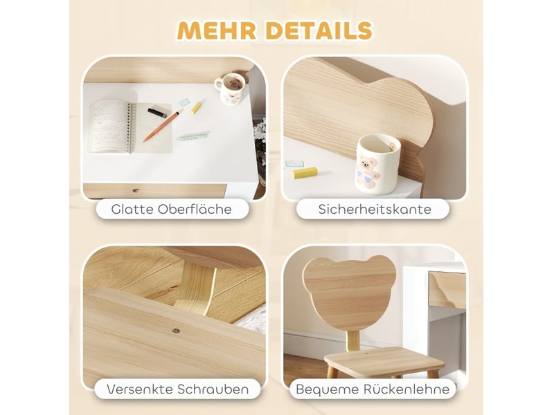 Ensemble bureau enfant 80x41x74,5 cm blanc et bois, avec chaise et tiroir de rangement pour 3 à 8 ans - Conforama D