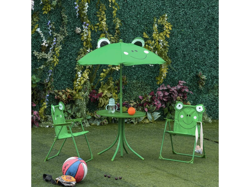  Ensemble de jardin 4 pièces pour enfants comprenant 2 chaises pliantes, un parasol et une table ronde, en acier et tissu oxford, vert.  - Conforama C