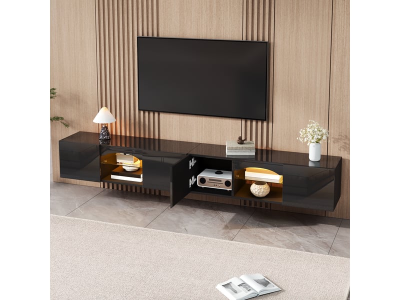 Meuble tv bas 4 portes niches led pilotées par application - lpospi - verre panneau de particules noir - Conforama B