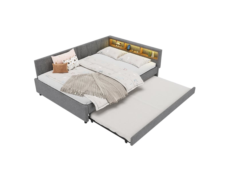  Canapé-lit, lit de repos, lit gigogne 140x200cm, avec ports usb type-c, éclairage led, sans matelas, lin gris  - Conforama A
