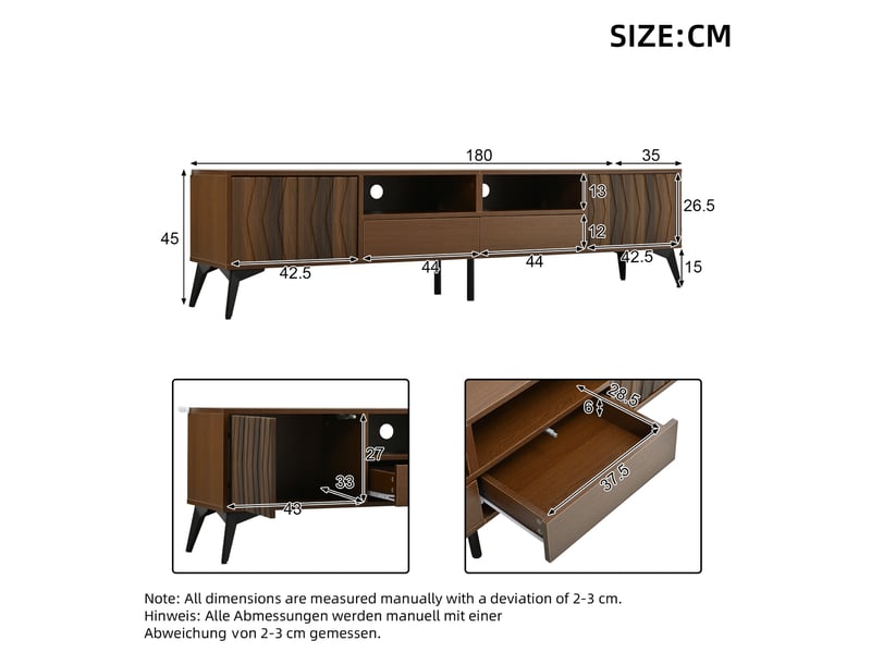  Meuble tv 180 cm effet noyer avec 2 portes, 2 tiroirs et design relief géométrique, meuble bas rangement pour téléviseur jusqu’à 75 pouces IKSETERA TRADING LTD - Conforama C