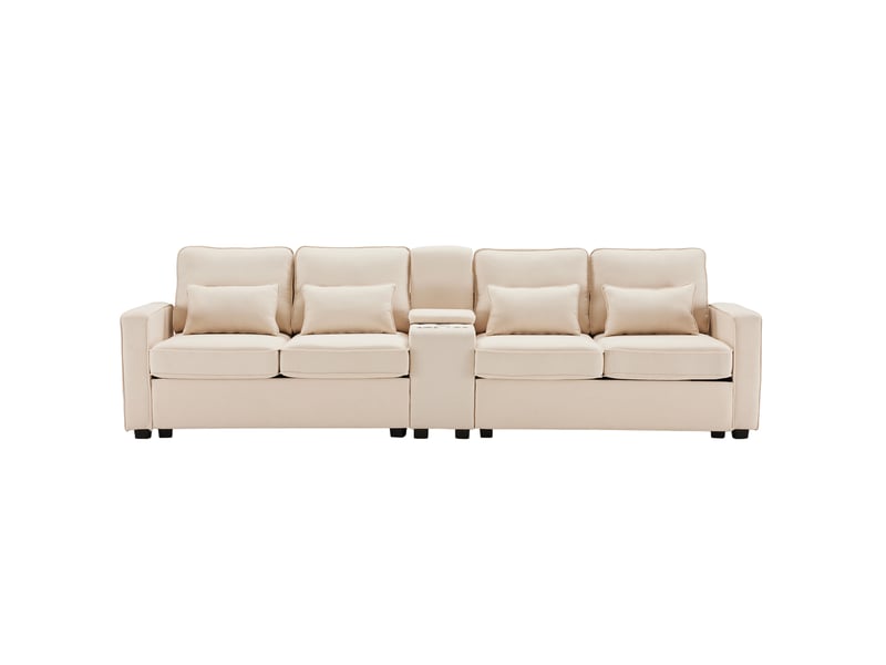  Canapé 4 places 290x83x88cm, poches de rangement, ports usb avec câbles, 2 portes-boissons et 4 coussins, lin beige  - Conforama E