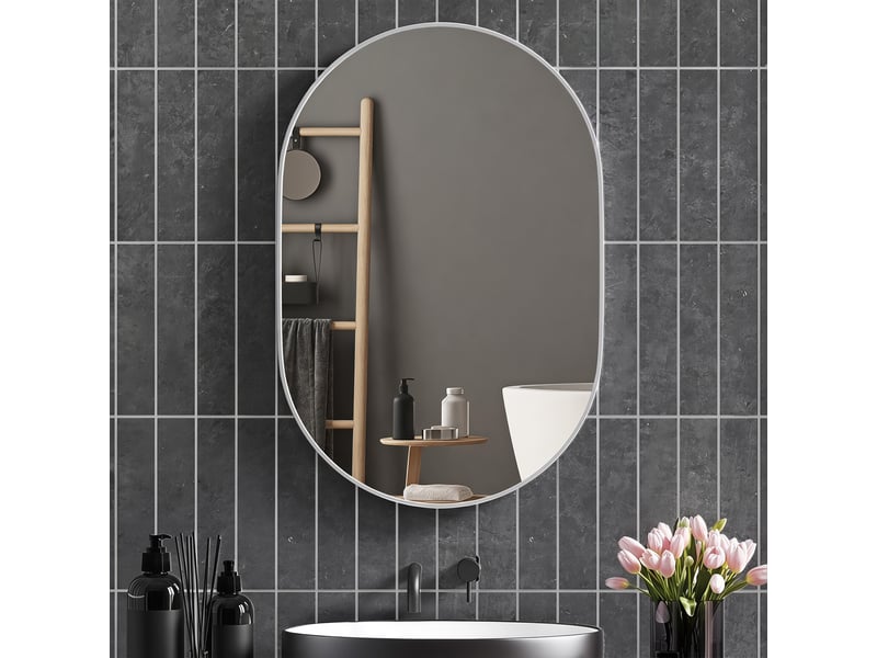  Miroir de salle de bain ovale décoratif 60 x 90 cm avec cadre en aluminium pour salon, orientation horizontale ou verticale, argenté  - Conforama C