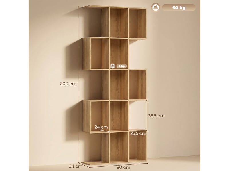  Bibliothèque en forme de s à 5 niveaux pour salon, chambre, bureau, 80 x 24 x 200 cm, chêne  - Conforama E