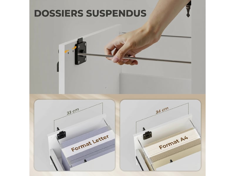  Caisson bureau mobile à 2 tiroirs, blanc, meuble rangement bureau sur roulettes pour documents suspendus format lettre  - Conforama E
