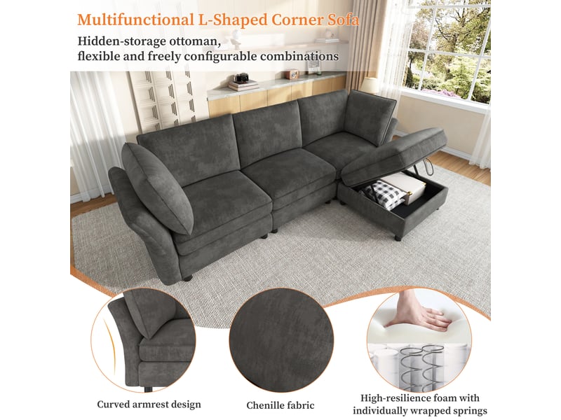  Canapé d'angle modulable 4 places avec pouf coffre de rangement gris  - Conforama C