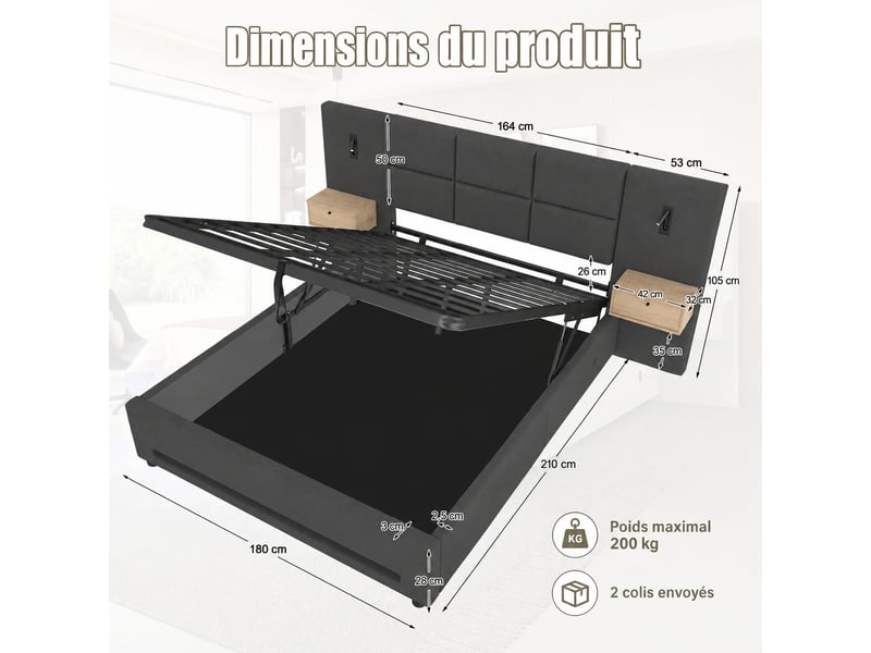  Lit coffre 180x200 en velours gris foncé avec tête de lit rembourrée, éclairage led et ports usb-c intégrés  - Conforama C