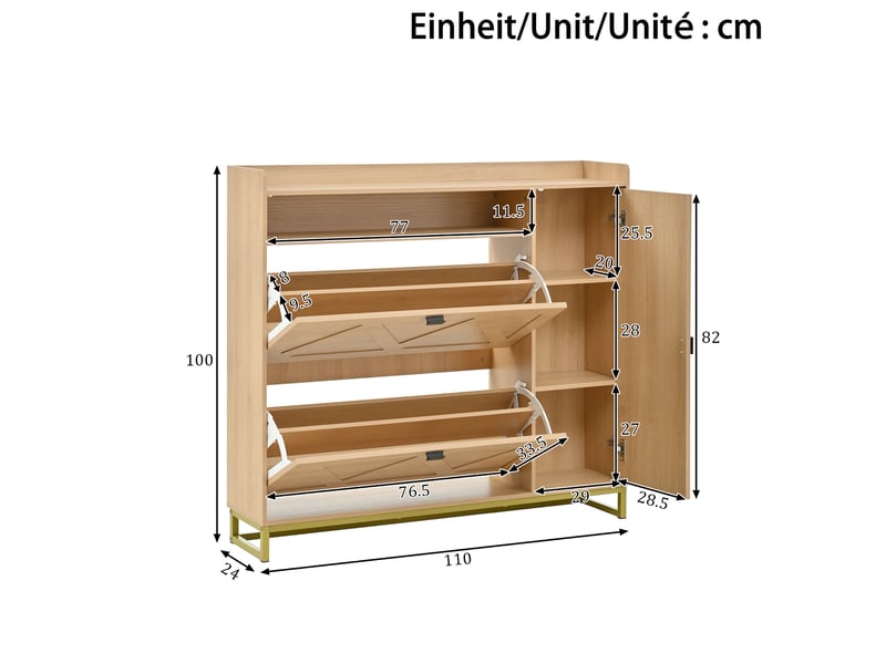  Meuble à chaussures 110x24x100 cm, armoire à chaussures, meuble d'entrée, portes et placard latéral, couleur naturel  - Conforama C