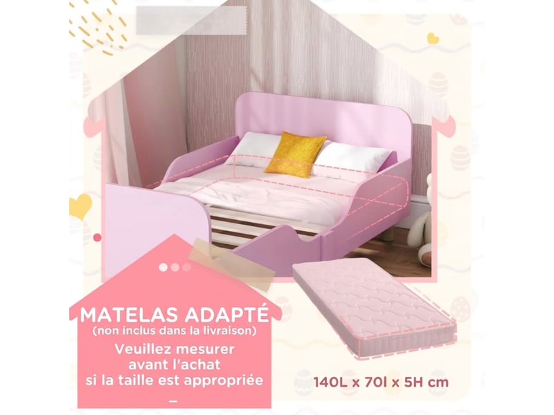 Cadre de lit enfant rose avec barrière de sécurité mdf et pin 140x70 cm - Conforama E