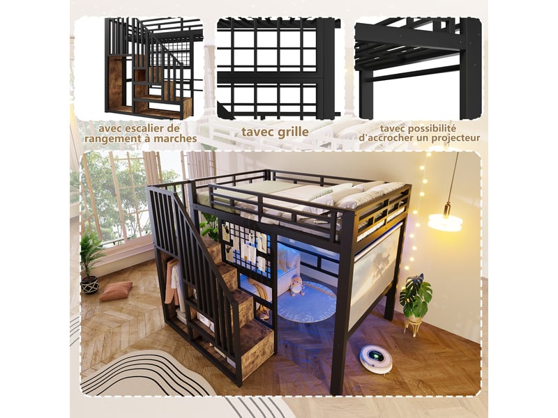  Lit mezzanine 140x200 cm avec led, escalier de rangement, panneau grillagé, support projecteur et sommier, gain de place en métal, noir Sol Morn - Conforama E
