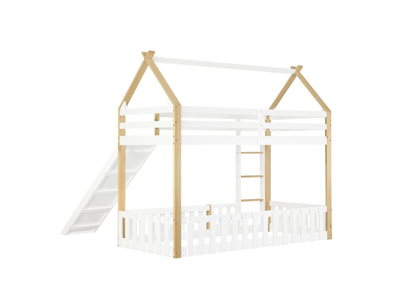 Lit superposé pour enfant, toit au design raffiné, avec toboggan ludique, espace ouvert clôturé, sommier à lattes robuste et échelle, pin + mdf + contreplaqué, blanc + naturel, 90 x 200 cm - Conforama E