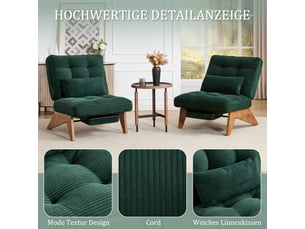 Fauteuil lounge réglable 127 x 73 x 90 cm en tissu vert avec repose-pieds, coussin lombaire et pieds en bois, design moderne