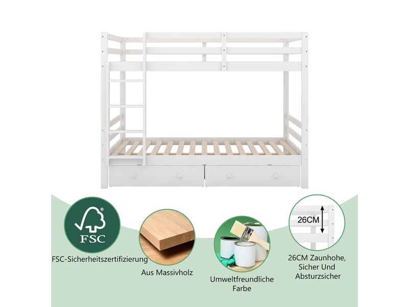  Lit superposé 140x200 en bois massif blanc, lit enfant avec tiroirs et barrières de sécurité, gain de place pour chambre  - Conforama W