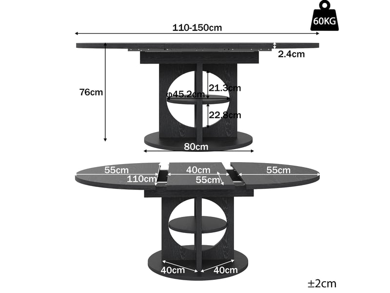  Table à manger extensible 110150x110x76 cm ronde à ovale avec rangement en mdf noir  - Conforama E