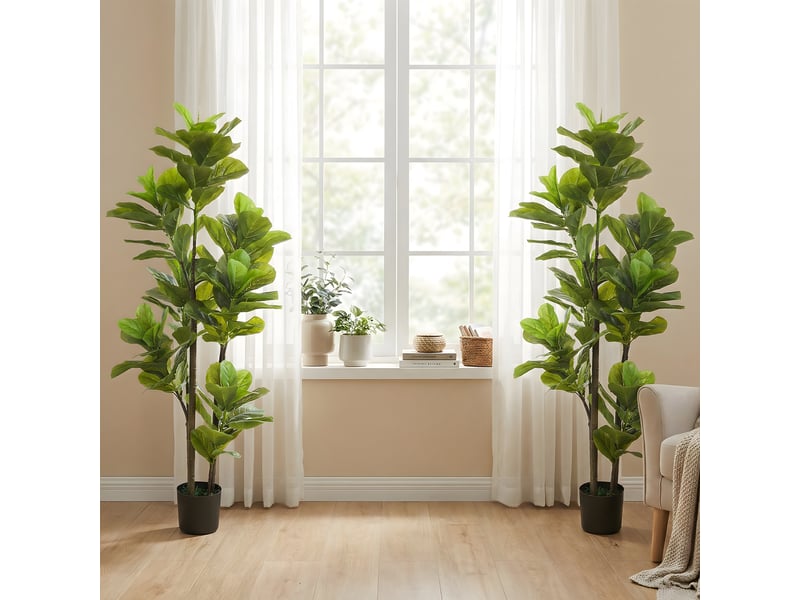 Lot de 2 plantes artificielles intérieures 150 cm, fausse plante à figuier lyre avec pot en ciment, vert - Conforama D