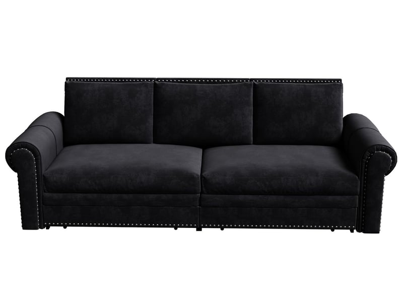 Canapé-lit 238 cm canapé en velours couchage d'appoint 3 places convertible 3-en-1 format extensible ornement clouté accoudoirs arrondis coloris noir - Conforama A