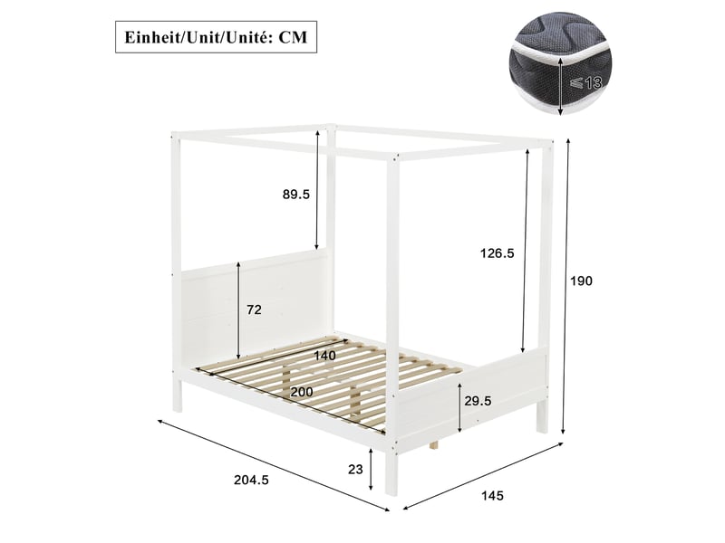  Lit enfant 140x200 cm, lit double, tête de lit avec rangement, espace inférieur modulable, cadre haut personnalisable, bois massif et mdf blanc OPULERANE TRADING LTD - Conforama C