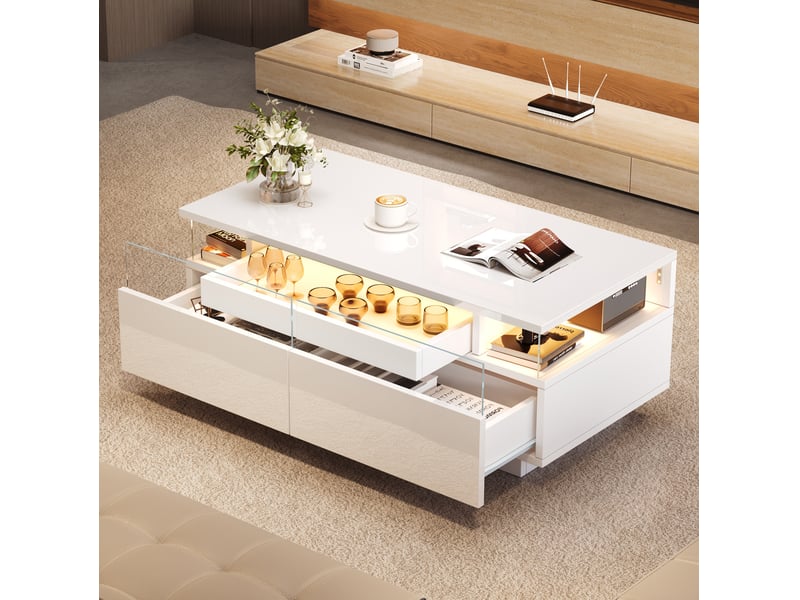  Table basse 90x45x35,5cm plateau amovible 2 tiroirs acrylique verre trempé led pilotable panneau de particules blanc  - Conforama W