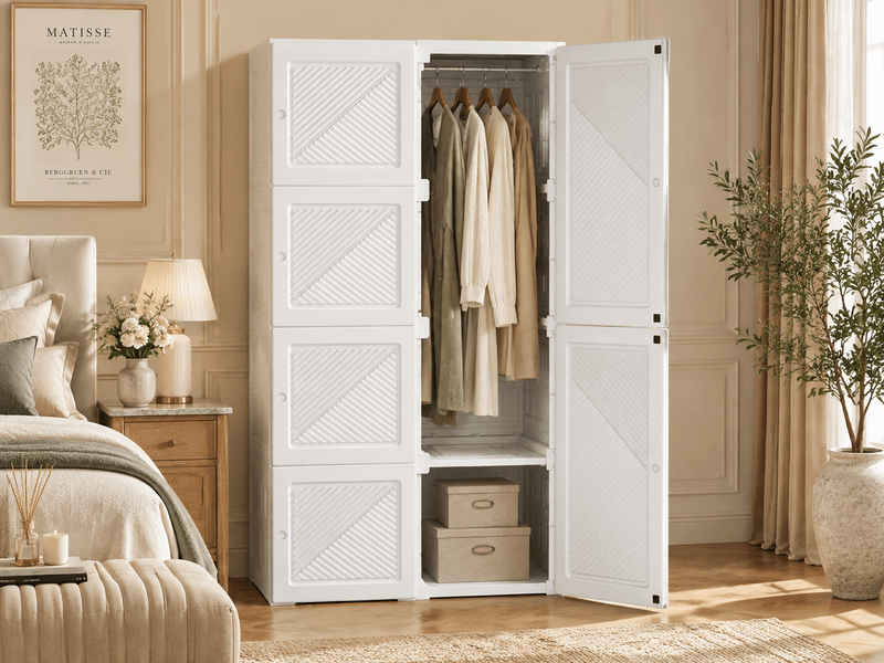 Armoire de chambre moderne à 6 portes avec 5 compartiments, 1 tringle et espace de rangement, blanche - Conforama B