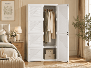 Armoire de chambre moderne à 6 portes avec 5 compartiments, 1 tringle et espace de rangement, blanche