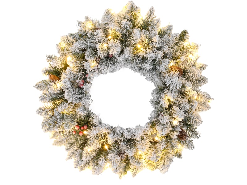  Couronne de noël porte artificielle 60 cm avec pommes de pin et grappes de baies, lumières led et minuterie vert  - Conforama B