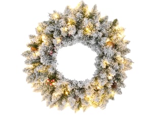 Couronne de noël porte artificielle 60 cm avec pommes de pin et grappes de baies, lumières led et minuterie vert