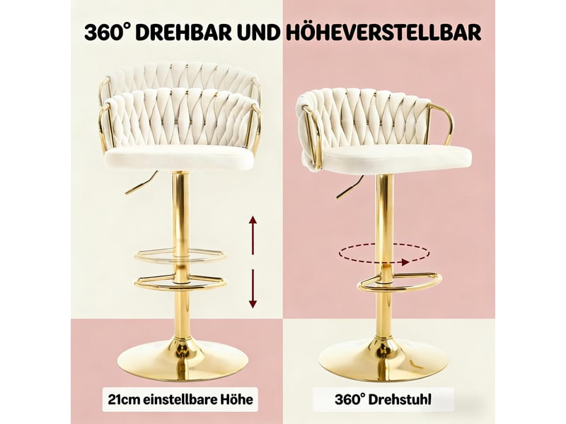 Tabouret de bar pivotant 360° réglable en hauteur - accoudoirs repose-pieds velours blanc crème - Conforama E