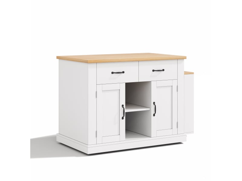 Îlot de cuisine avec table extensible, 2 portes et 2 tiroirs, blanc et chêne, 132(235)x70x90 cm  - Conforama E