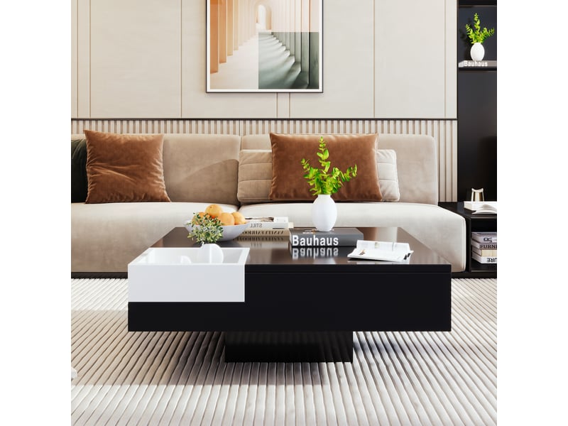  Table basse contemporaine 72x72 cm blancnoir color-block, boîte de rangement amovible et led  - Conforama B