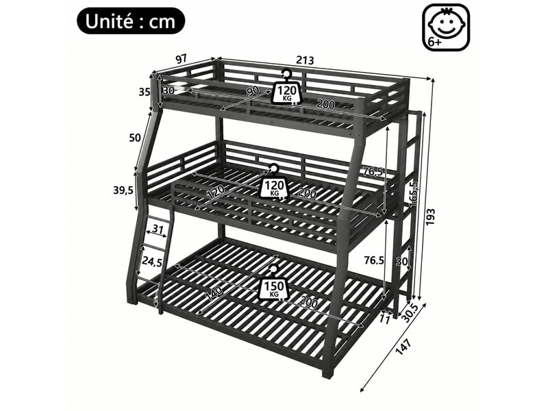  Lit superposé triple en métal à trois niveaux, couchages 90 x 200, 120 x 200 et 140 x 200 cm, noir  - Conforama C