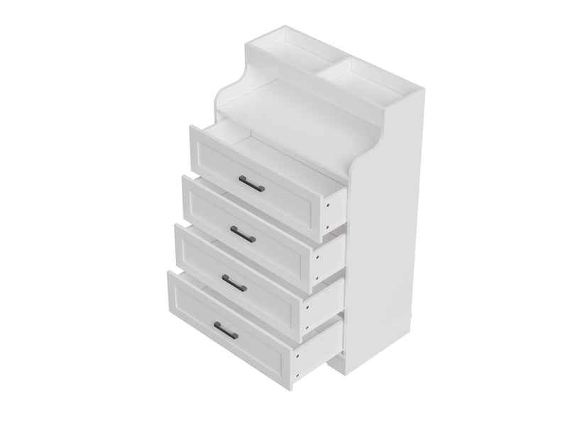 Commode blanche 4 tiroirs 73x40x114 cm, commode chambre avec éclairage led rgb et étagère ouverte, bois, moderne, blanc - Conforama A