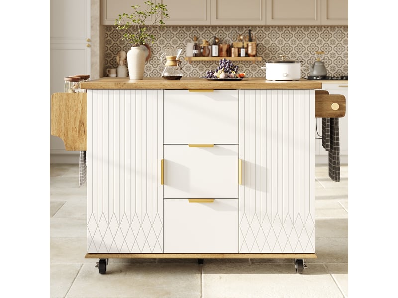  Îlot de cuisine mobile avec deux tabourets, prise électrique intégrée, plateau rabattable, 3 tiroirs et 2 placards, blanc effet bois  - Conforama B