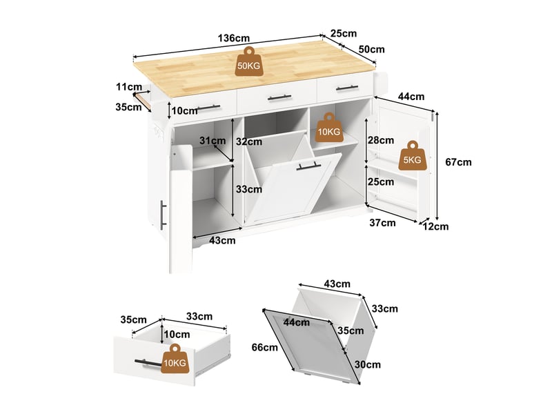 Desserte de cuisine avec 3 tiroirs, 2 étagères de porte, poubelle, prises et roulettes pour cuisine en mdf 136×50×92 cm - Conforama D