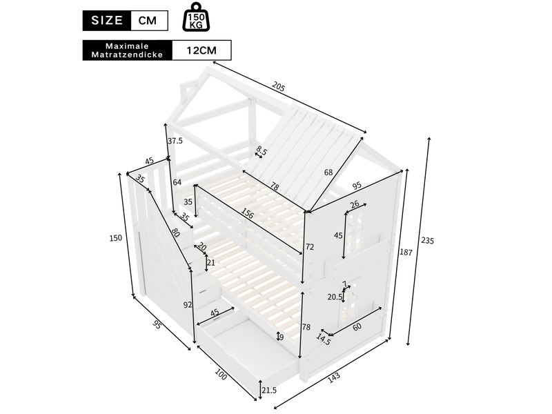  Lit superposé enfant 90x200 cm avec escalier de rangement et tiroirs, blanc  - Conforama E