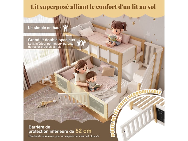  Lit superposé enfant 3 places 140×200 cm et 90×200 cm, rangements et tableau - okmyhome- blanc naturel, sans matelas  - Conforama E