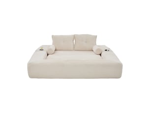 Canapé convertible 2 places en velours côtelé beige avec tiroir intégré et accoudoirs amovibles