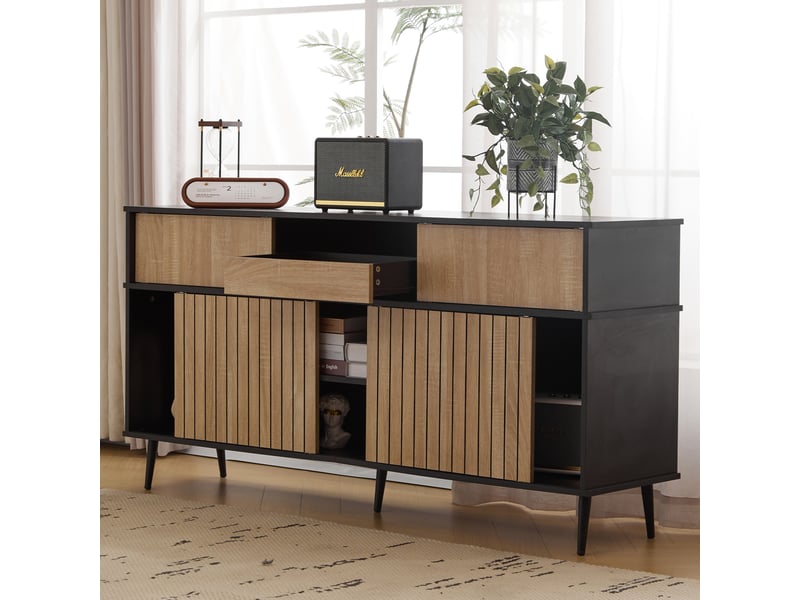  Buffet bas 160x40x80 cm avec 4 portes coulissantes, 1 tiroir et rangements ouverts, meuble salon salle à manger mdf-noir et chêne  - Conforama B