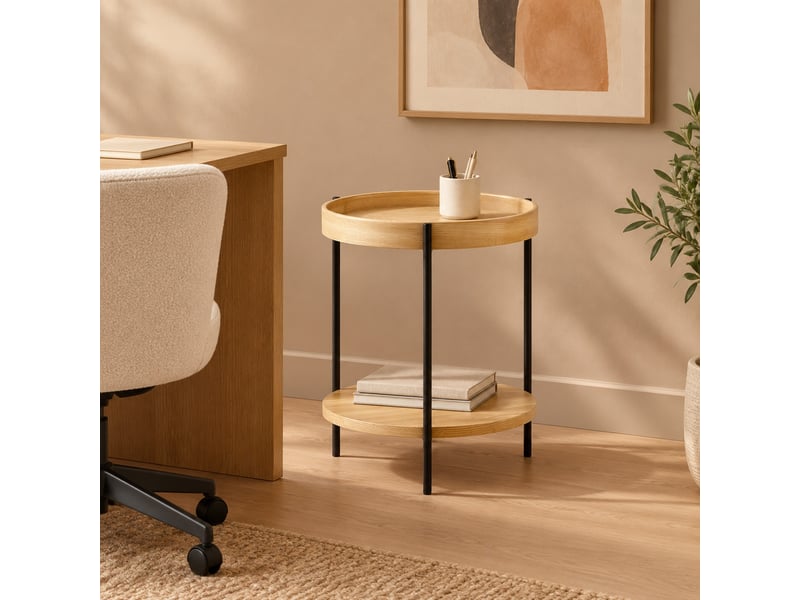  Table d’appoint ronde 2 niveaux – bois et métal noir – naturel – ø 44 x h 48 cm  - Conforama C