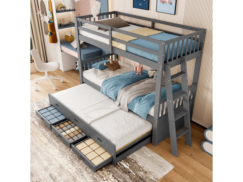  Lit superposé enfant 90x200 cm avec lit gigogne et 3 tiroirs gris  - Conforama D