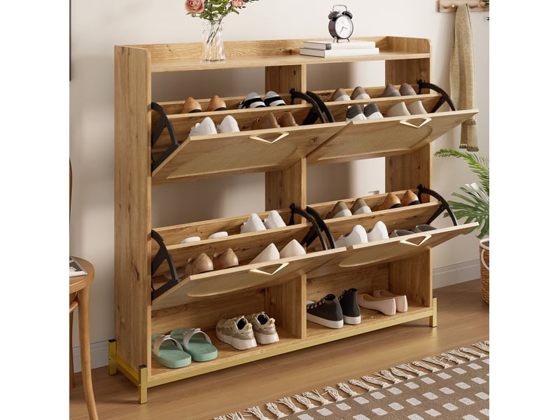  Meuble à chaussures ulevr à 4 portes abattantes, rangement compact 108,5 x 24 x 100 cm, mdf, coloris bois  - Conforama E