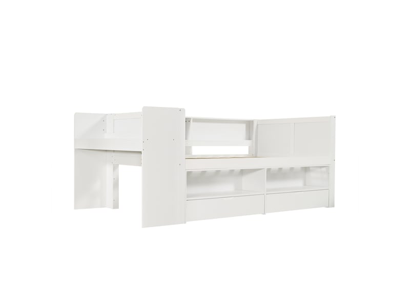  Lit 120x200 cm blanc avec bureau intégré, placard, 2 tiroirs et rangements ouverts  - Conforama E
